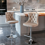 A&A Furniture,Swivel Velvet Barstools Adjusatble Seat Height from 25-33 Inch, Modern Upholstered Chrome base Bar Stools with Backs Comfortable Tufted for Home Pub and Kitchen Island（Khaki,Set of 2） - Grand Goldman Shop