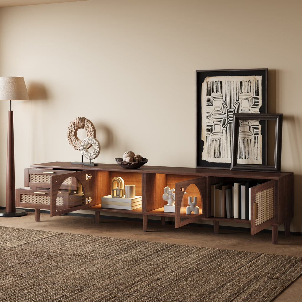 Modern 86 inch TV Stand for TVs up to 90 inches, Dark Brown Rattan Design with App-Controlled LED Lights, 2 Drawers & Glass Door Storage, MDF and Solid Wood Media Console - Grand Goldman Shop