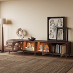 Modern 86 inch TV Stand for TVs up to 90 inches, Dark Brown Rattan Design with App-Controlled LED Lights, 2 Drawers & Glass Door Storage, MDF and Solid Wood Media Console - Grand Goldman Shop
