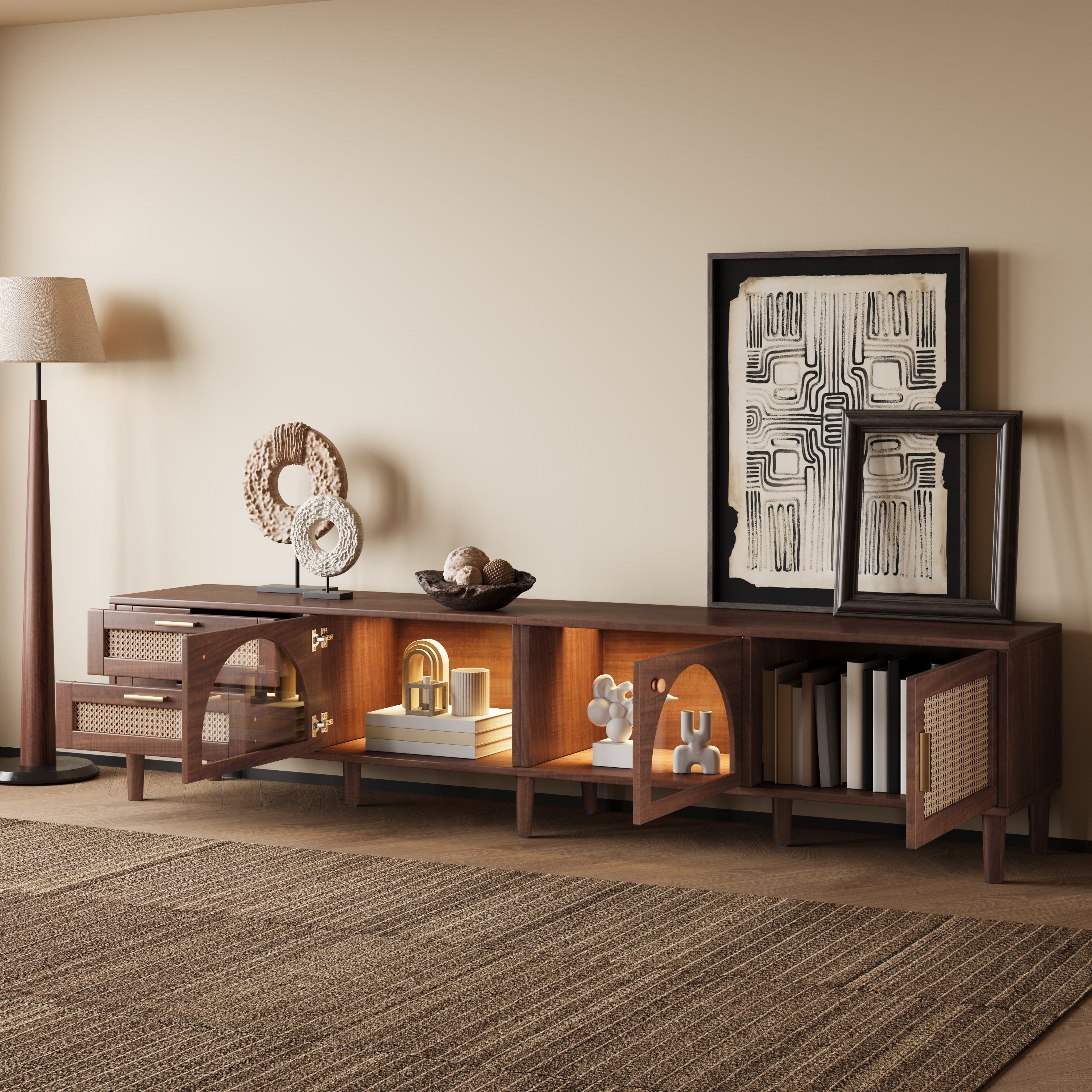 Modern 86 inch TV Stand for TVs up to 90 inches, Dark Brown Rattan Design with App-Controlled LED Lights, 2 Drawers & Glass Door Storage, MDF and Solid Wood Media Console - Grand Goldman Shop