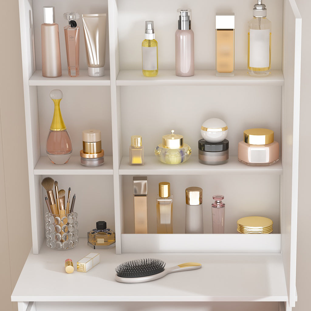 Modern Mini Dressing Table with LED-lit Mirror & Hidden Storage, Adjustable Brightness Vanity Desk, White - Grand Goldman Shop