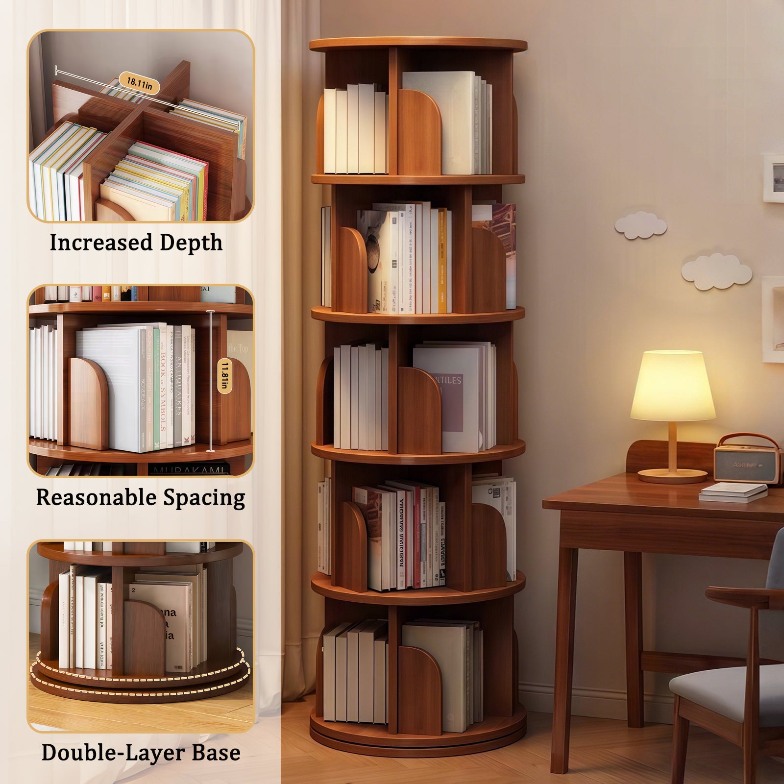 5 Tier Rotating Bookshelf, 360° Display Round Spinning Bookshelf, Space-Saving, Small Space Rotating Bookshelf Tower for Bedroom, Living Room, Home, Office, Walnut - Grand Goldman Shop