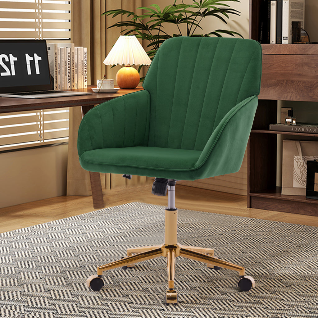 TY Ergonomic Office Chair with Adjustable Backrest and Armrests, Green Velvet Upholstery, Gold-Plated Base, Comfortable for L