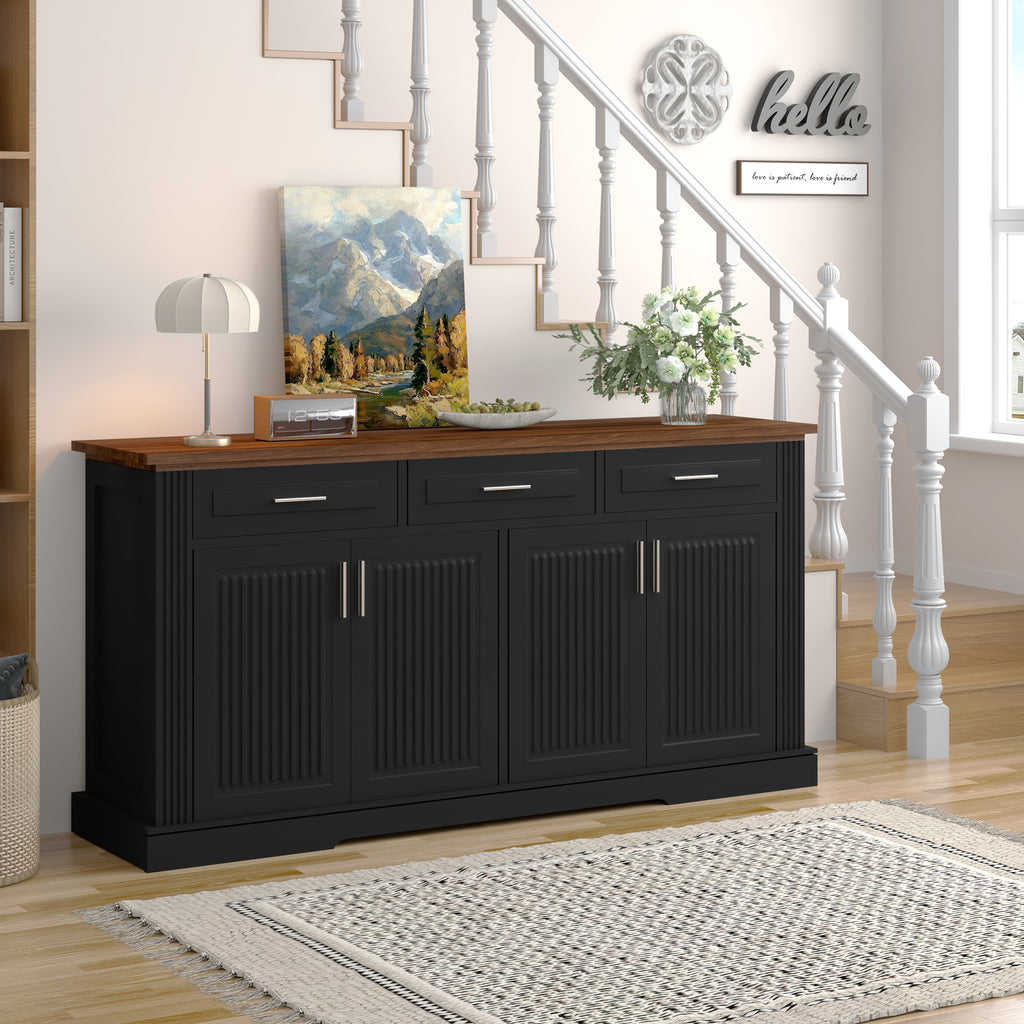 Black Fluted Sideboard Buffet Cabinet with 4 Doors and 3 Drawers, Modern Wood Kitchen Storage Console Table for Living Room Dining Room Entryway, 63' - Grand Goldman Shop