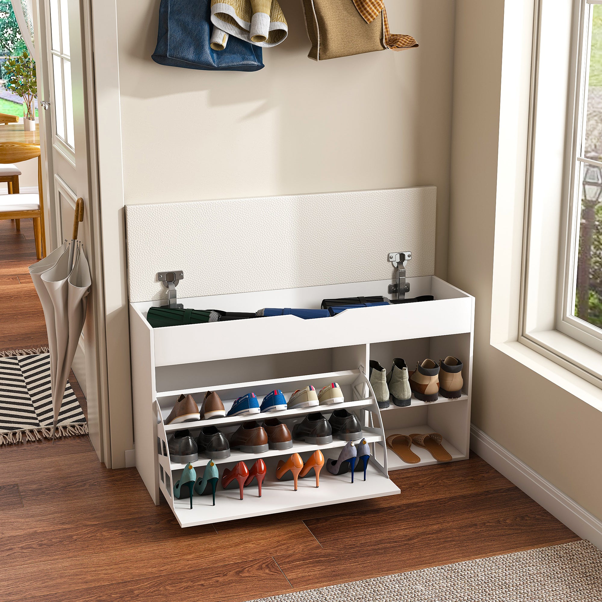 Modern Design Entryway Bench with Adjustable 3-Tier Flip-Up Drawers and Hidden Cabinet in White - Grand Goldman Shop