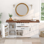 White Farmhouse Barn Door Storage Cabinet with 2 Drawers & Door Rack, Adjustable Shelves, MDF Construction, 63.11' L x 15.75' W x 32.09' H - Grand Goldman Shop