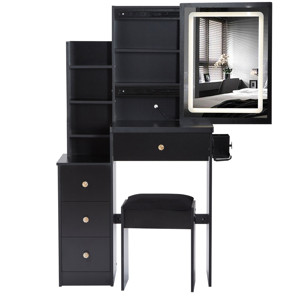 29.2' Small Size Left Bedside Cabinet Vanity Table + Cushioned Stool, 2 AC+2 USB Power Station, Hair dryer bracket, Extra Large Touch Control Sliding LED Mirror, Tri-color Switching, Brightness Adjust - Grand Goldman Shop