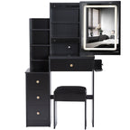 29.2' Small Size Bedside Cabinet Vanity Table + Cushioned Stool, 2 AC+2 USB Power Station, Hair dryer bracket, Extra Large Touch Control Sliding LED Mirror, 3-color Switching, EPA, GCC, UL Certificate - Grand Goldman Shop