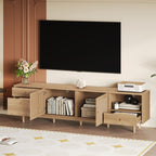 Boho TV Stand for 65 75 85 Inch TV with Real Rattan Doors, Modern Wood Media Console in Natural Finish, 76.6'' L x 15.7'' W x 23.6'' H - Grand Goldman Shop