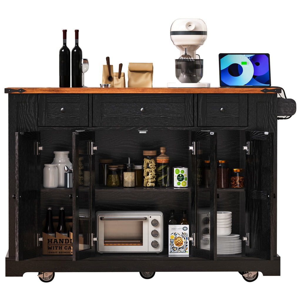 K&K 53'' Farmhouse Kitchen Island with Two Tempered Glass Cabinet Doors, Power Outlet, Rolling Kitchen Cart on Wheels with Drop Leaf, 5 Open Side Racks, 3 Drawers, for Kitchen, Dining Room, Black - Grand Goldman Shop