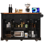 K&K 53'' Farmhouse Kitchen Island with Two Tempered Glass Cabinet Doors, Power Outlet, Rolling Kitchen Cart on Wheels with Drop Leaf, 5 Open Side Racks, 3 Drawers, for Kitchen, Dining Room, Black - Grand Goldman Shop