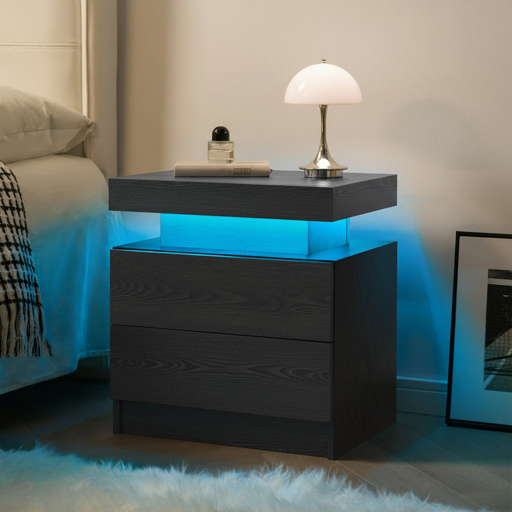 Nightstand LED Bedside Table Cabinet Lights Modern End Side with 2 Drawers for Bedroom (Black Woodgrain) - Grand Goldman Shop