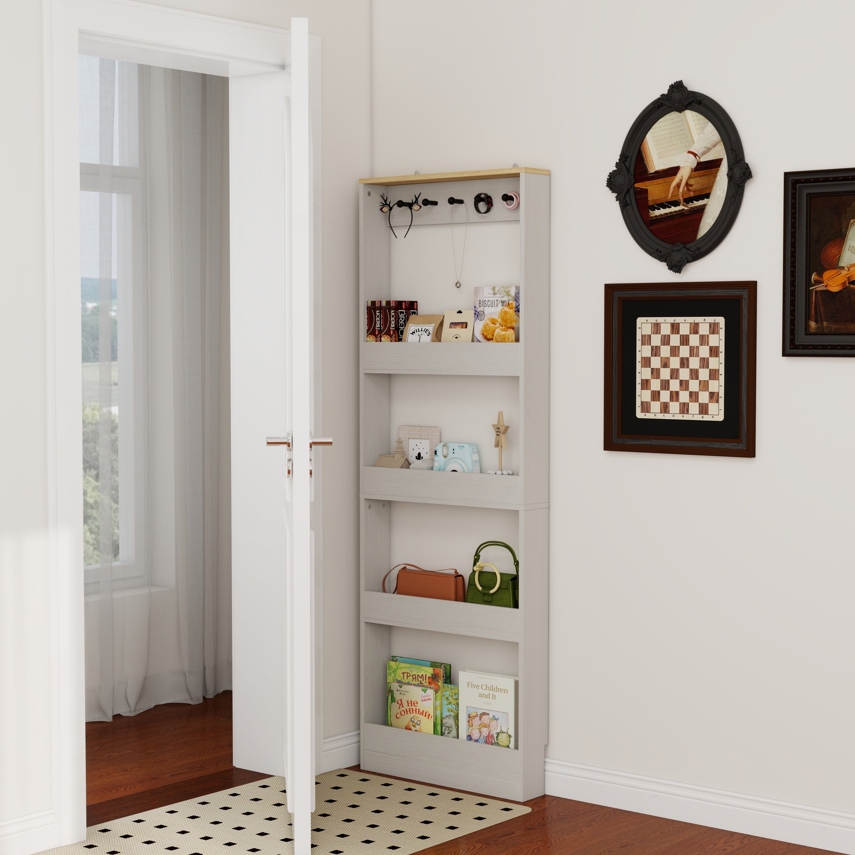Behind The Door 69' Tall Bookcase with 4 Shelves and 5 hooks,  Space-Saving Narrow storage cabinet for Living Room, Children's Room, Study Room, Kitchen, Corridor-Antique White - Grand Goldman Shop