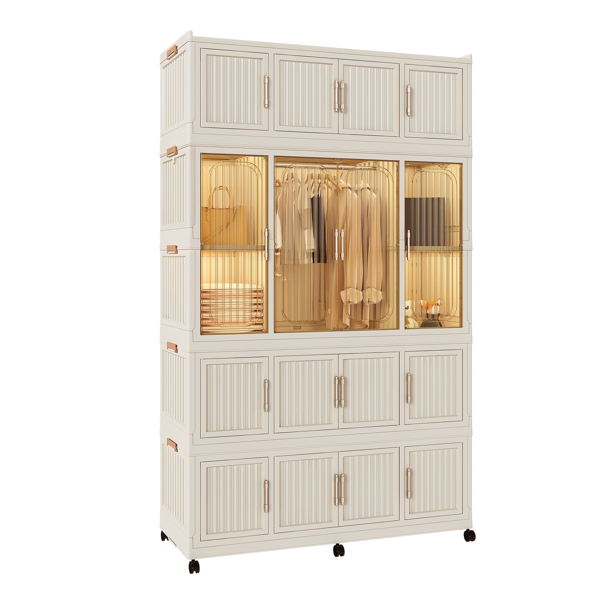 Portable Wardrobe Closet Storage Organizer with 17 Magnetic Doors, 17 Cubes, Hanging Rod & 6 Hangers, Creamy White Polypropylene Closet for Clothes, Baby Items, and Household Storage - Grand Goldman Shop