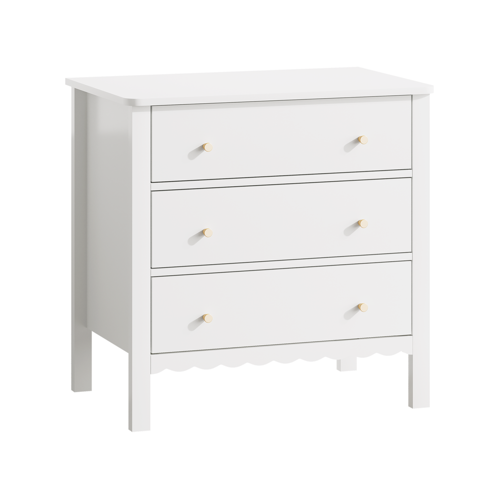 White 3 Drawer Dresser for Bedroom, Modern MDF Painted Chest of Drawers with Gold Knobs, Wooden Storage Cabinet for Kids, Nur