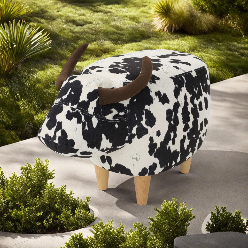 Cow-Shaped Ottoman Footstool, Black and White Modern Accent Stool with Velvet Horns, Fabric Body, Birch Legs - Grand Goldman Shop