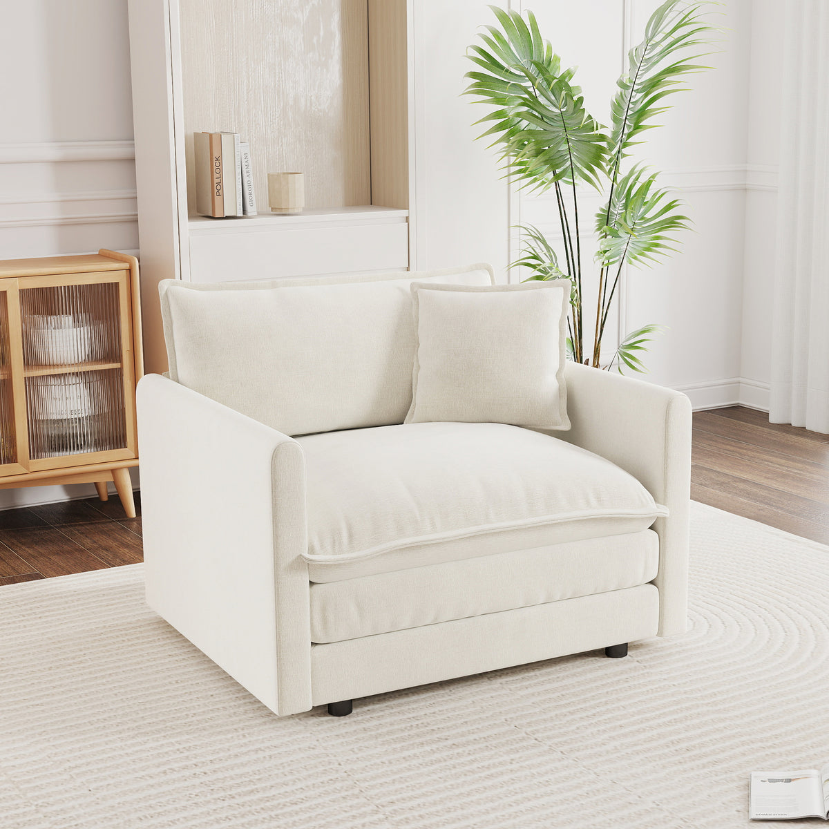 Comfy Deep Single Seat Sofa Upholstered Reading Armchair Living Room Chair White Chenille Fabric , 1 Toss Pillow - Grand Goldman Shop