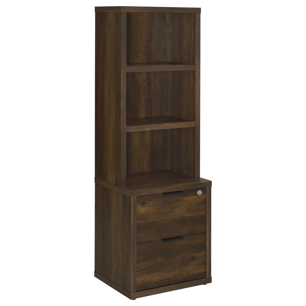 Geary Dark Pine 3-Shelf Bookcase with USB Charging and Lockable Top Drawer in Dark Brown Engineered Wood | Premium Home Decor