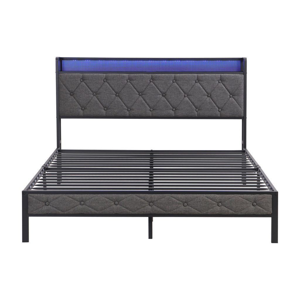 Full Bed Frame with  Storage Headboard, Charging Station and LED Lights, Upholstered Platform Bed with Heavy Metal Slats, No Box Spring Needed, Noise Free, Easy Assembly, Dark Gray - Grand Goldman Shop