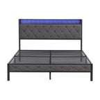 Full Bed Frame with  Storage Headboard, Charging Station and LED Lights, Upholstered Platform Bed with Heavy Metal Slats, No Box Spring Needed, Noise Free, Easy Assembly, Dark Gray - Grand Goldman Shop