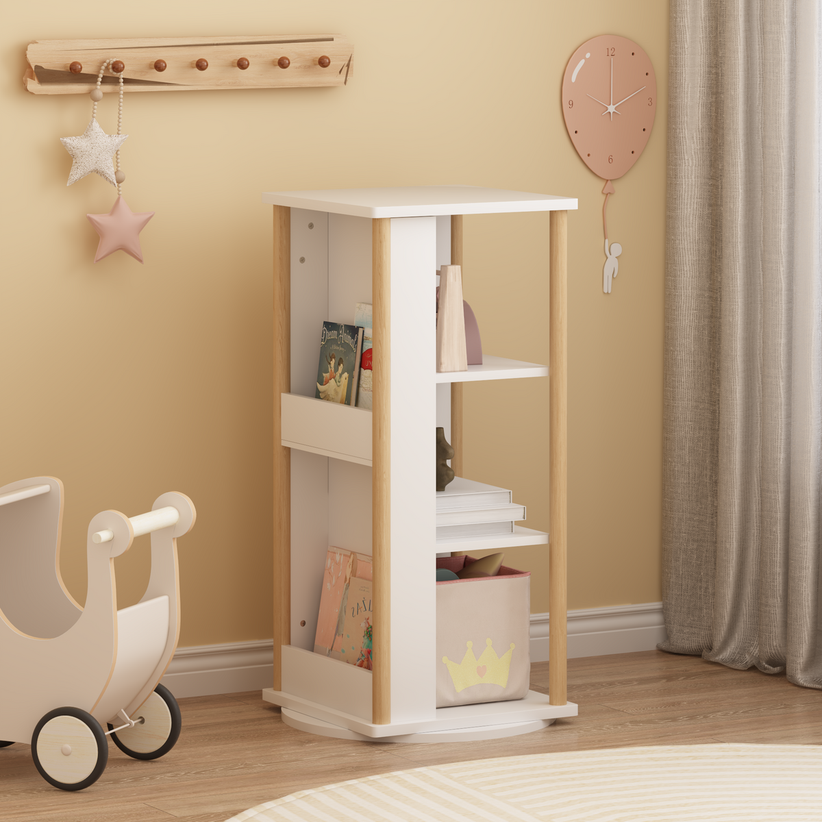 360° Rotating Kids Bookshelf with Chalkboard, 3-Tier Wood Floor Revolving Bookcase & Toy Storage Organizer, Picture Book Disp
