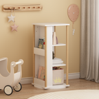360° Rotating Kids Bookshelf with Chalkboard, 3-Tier Wood Floor Revolving Bookcase & Toy Storage Organizer, Picture Book Disp