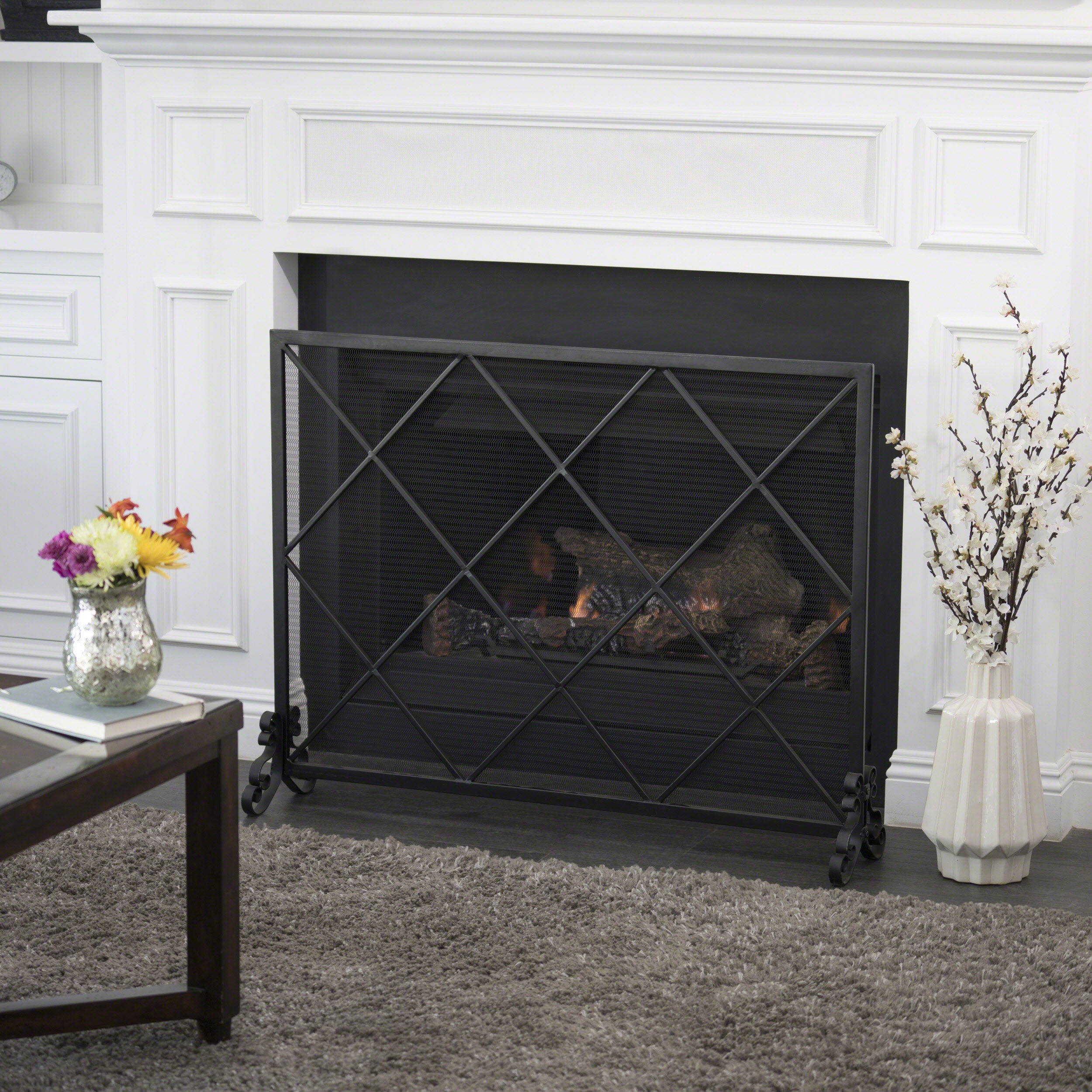 Minimalist Single Panel Iron Fireplace Screen with Diamond Design in Black - Grand Goldman Shop