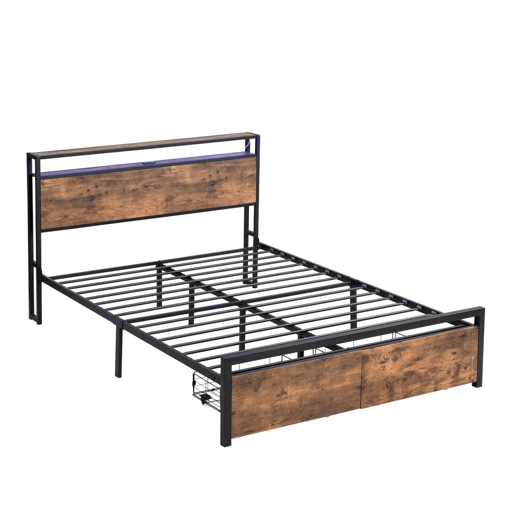 Full Size Bed Frame with Storage Headboard and 2 Drawers, LED Lights Bed with Charging Station, Metal Platform Bed No Noise, Mattress Foundation Strong Metal Slats Support No Box Spring Needed - Grand Goldman Shop