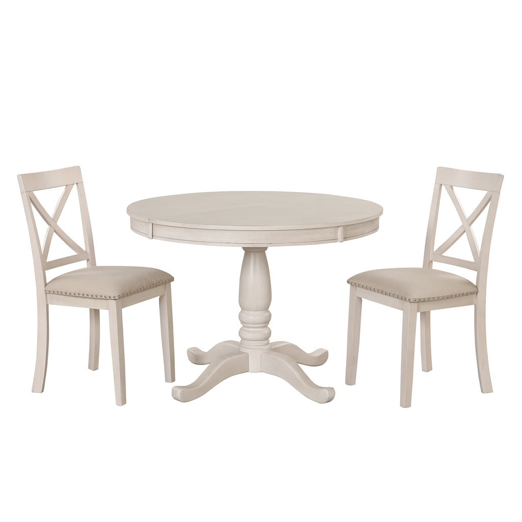 Antique White Modern Dining Table Set for 4 with Round Table and Chairs, Solid Wood & MDF - Grand Goldman Shop