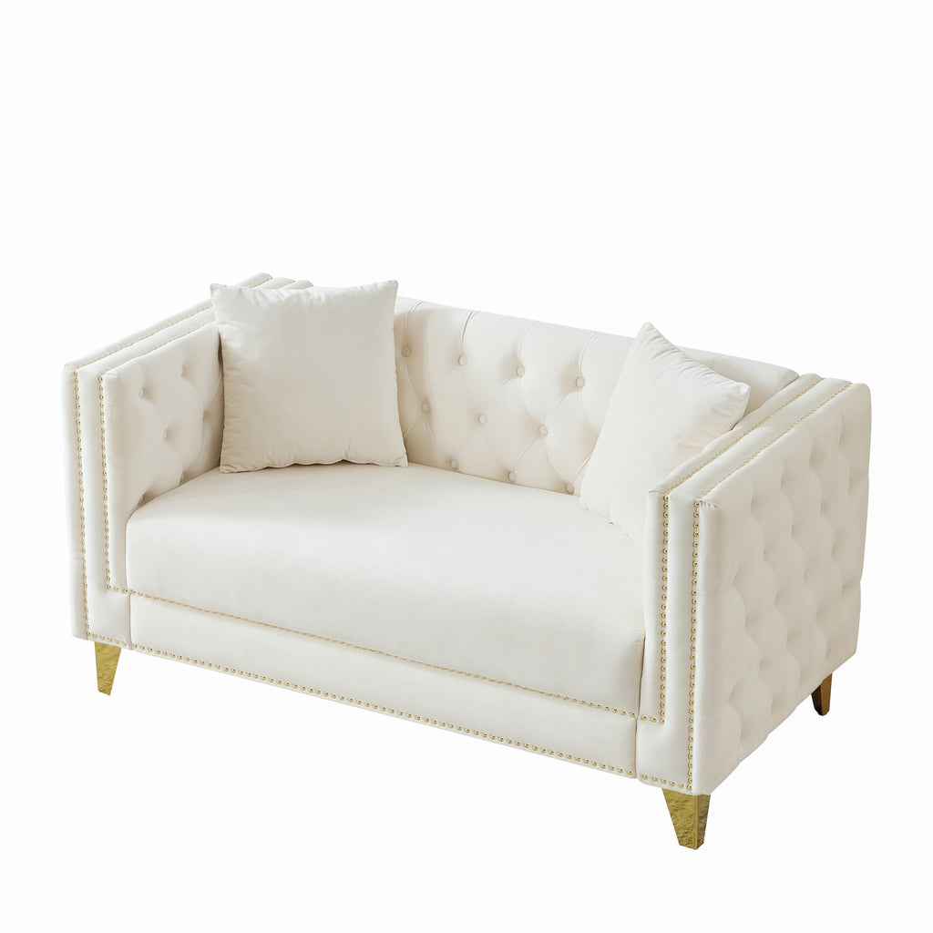 58'Chesterfield Velvet Sofa,2 Seater Deep Seat Sofa,Modern Sofa with Button Nailhead,Square Arm Couches,Furniture for Living Room,Bedroom,Office(Beige) - Grand Goldman Shop