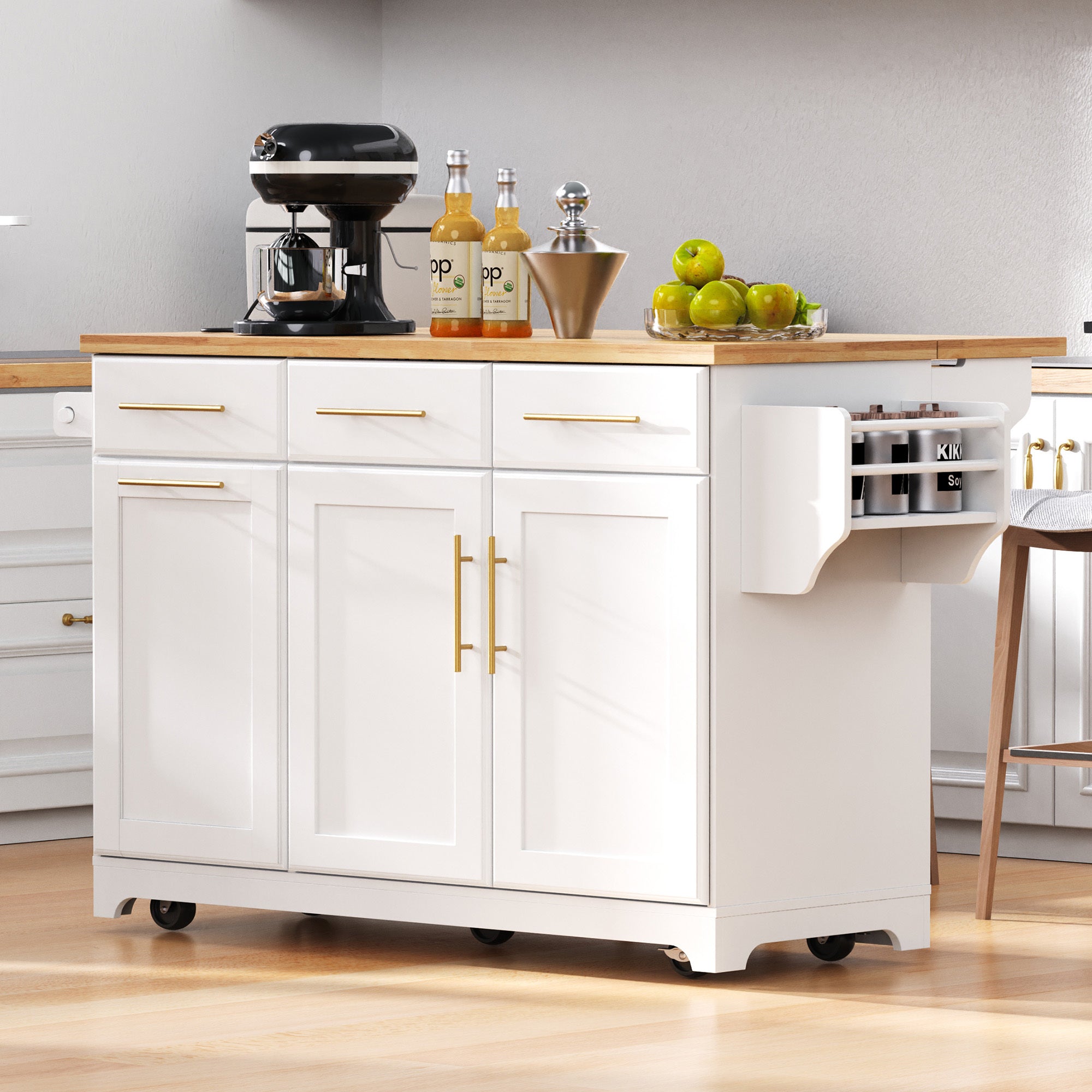 K&K 59.3' Kitchen Island with Storage 2 Pull Out Cabinet Organizers & Rubber Wood Drop Leaf, Rolling Kitchen Island with Trash Can Storage, Power Outlet, Spice & Towel Rack for Kitchen, Dining, White - Grand Goldman Shop