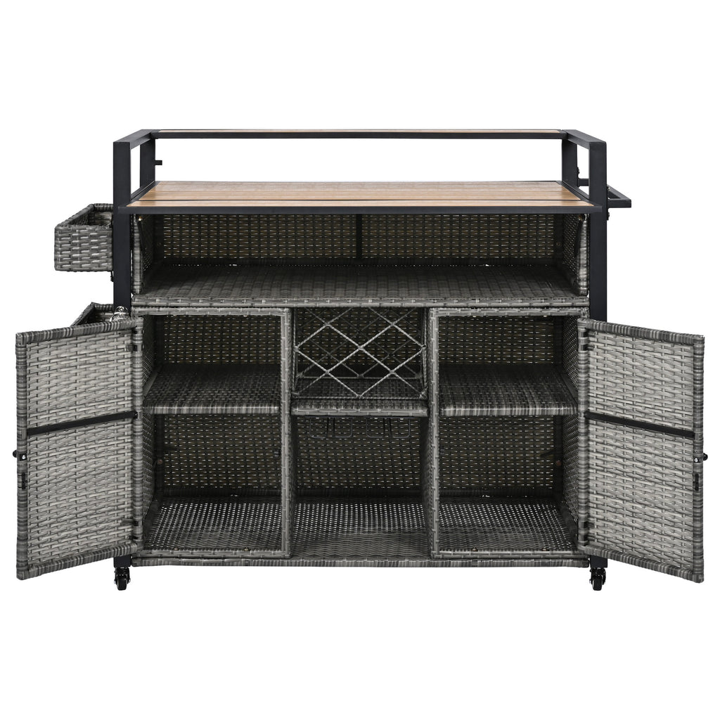 K&K 52.8'W Wicker Outdoor Grill Cart with Extended Plastic Wood Table Top, Rolling Kitchen Island on Wheels with Storage Cabinet, for Patio Backyard Garden Poolside, Double Handle Design, Grey - Grand Goldman Shop