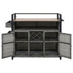 K&K 52.8'W Wicker Outdoor Grill Cart with Extended Plastic Wood Table Top, Rolling Kitchen Island on Wheels with Storage Cabinet, for Patio Backyard Garden Poolside, Double Handle Design, Grey - Grand Goldman Shop
