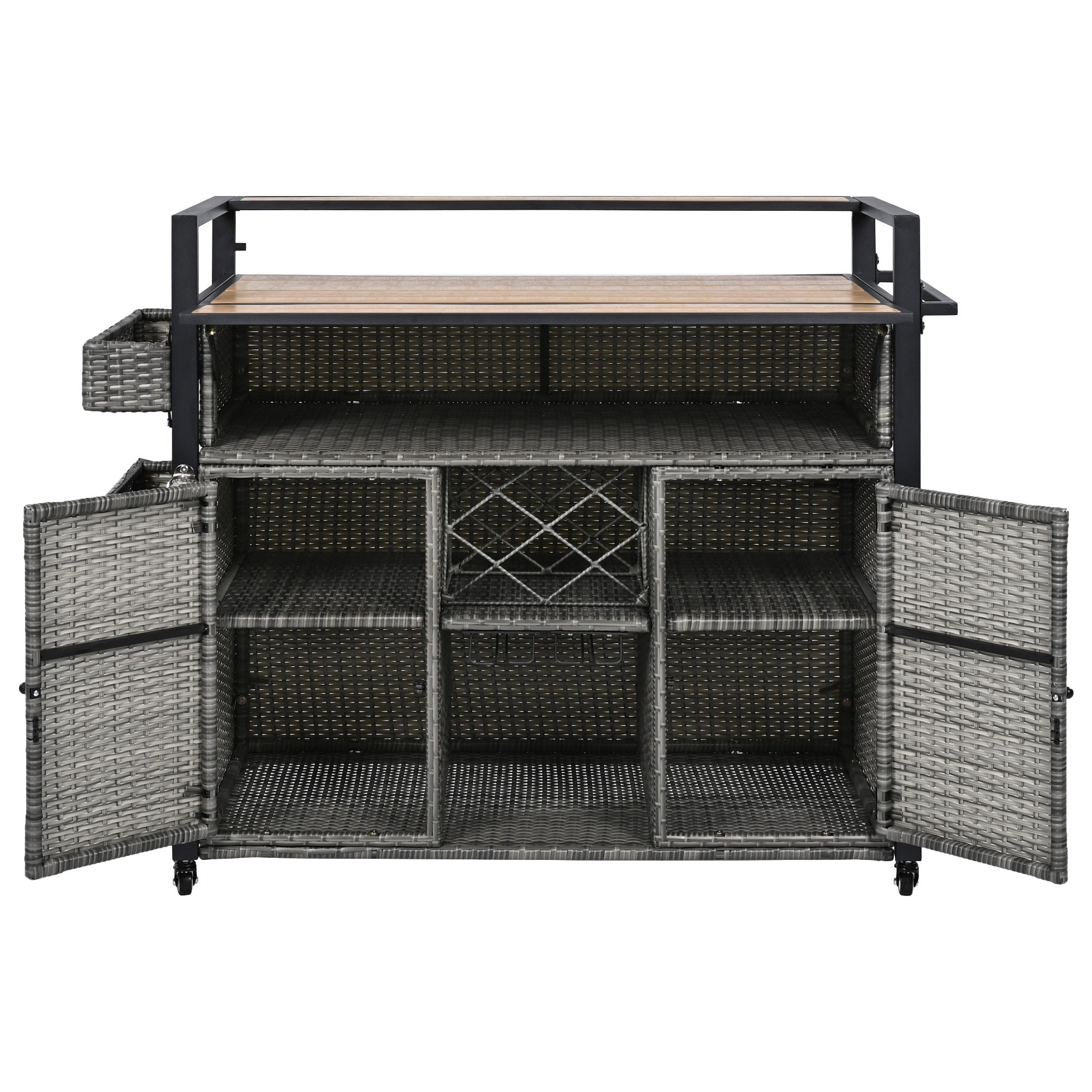 K&K 52.8'W Wicker Outdoor Grill Cart with Extended Plastic Wood Table Top, Rolling Kitchen Island on Wheels with Storage Cabinet, for Patio Backyard Garden Poolside, Double Handle Design, Grey - Grand Goldman Shop