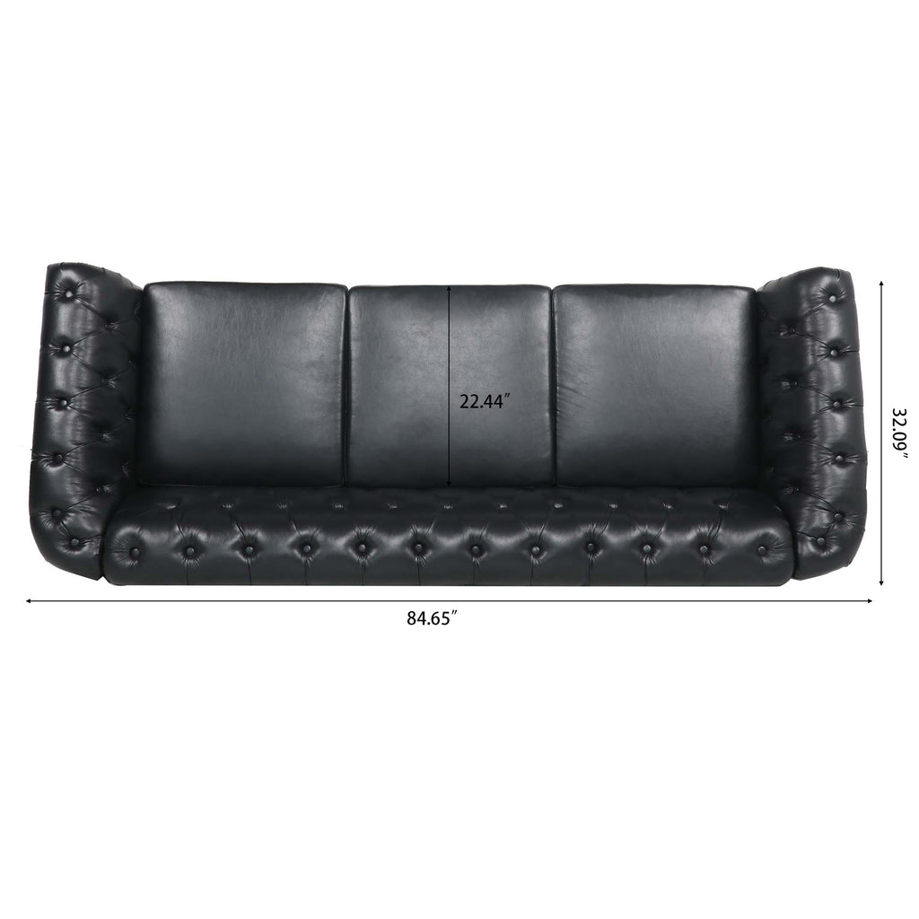 84.65' BLACK PU Rolled Arm Chesterfield Three Seater Sofa. - Grand Goldman Shop
