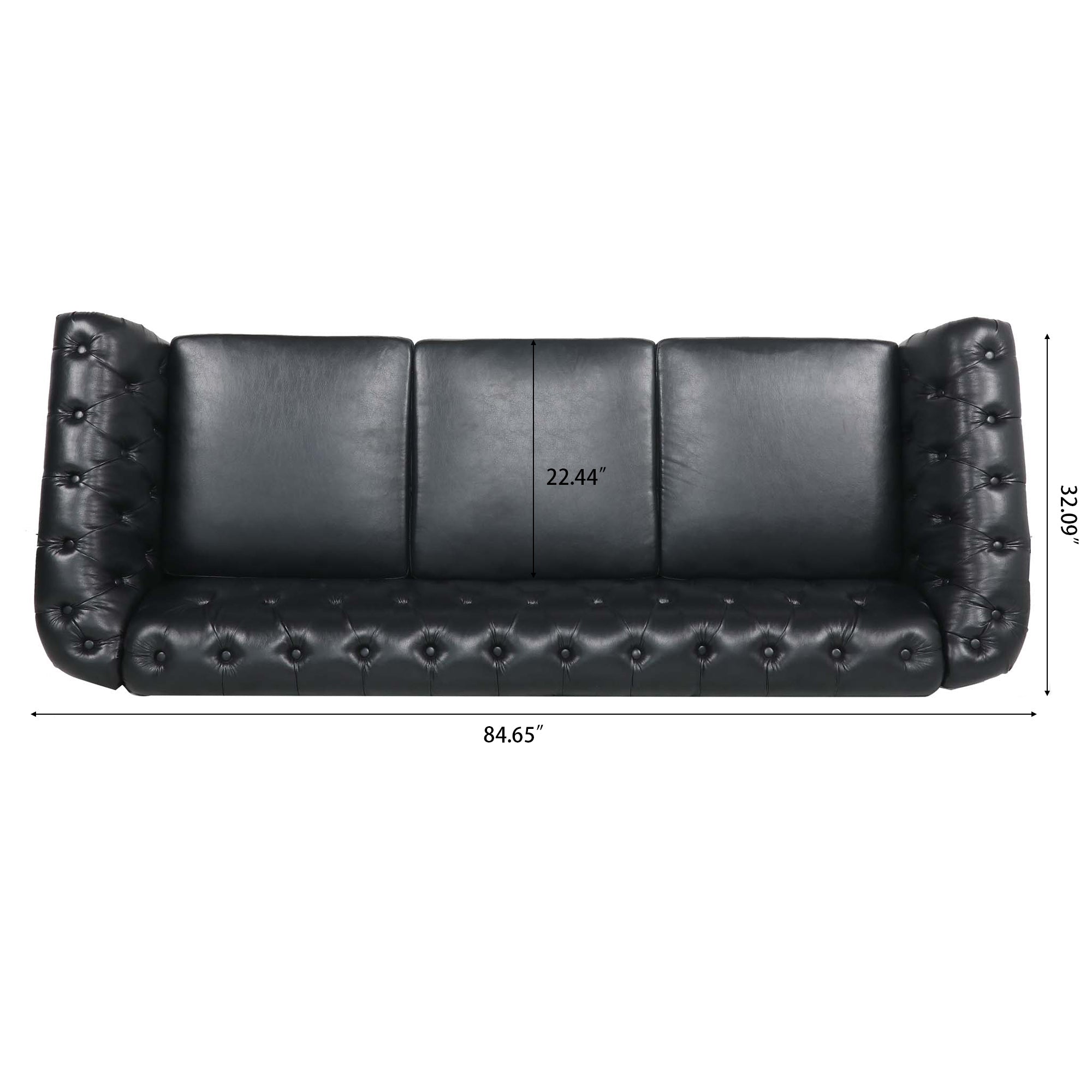 84.65' BLACK PU Rolled Arm Chesterfield Three Seater Sofa. - Grand Goldman Shop