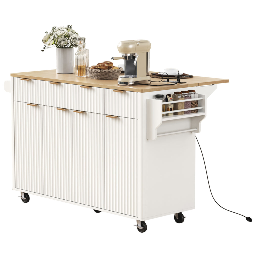 K&K Fluted Kitchen Island with Storage, 55.5' Kitchen Island with Drop Leaf, Power Outlet, 4 Doors and 3 Drawers, Rolling Island Table with Wood-grain Top, Curved Edge for Kitchen,Dining Room White - Grand Goldman Shop