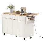K&K Fluted Kitchen Island with Storage, 55.5' Kitchen Island with Drop Leaf, Power Outlet, 4 Doors and 3 Drawers, Rolling Island Table with Wood-grain Top, Curved Edge for Kitchen,Dining Room White - Grand Goldman Shop