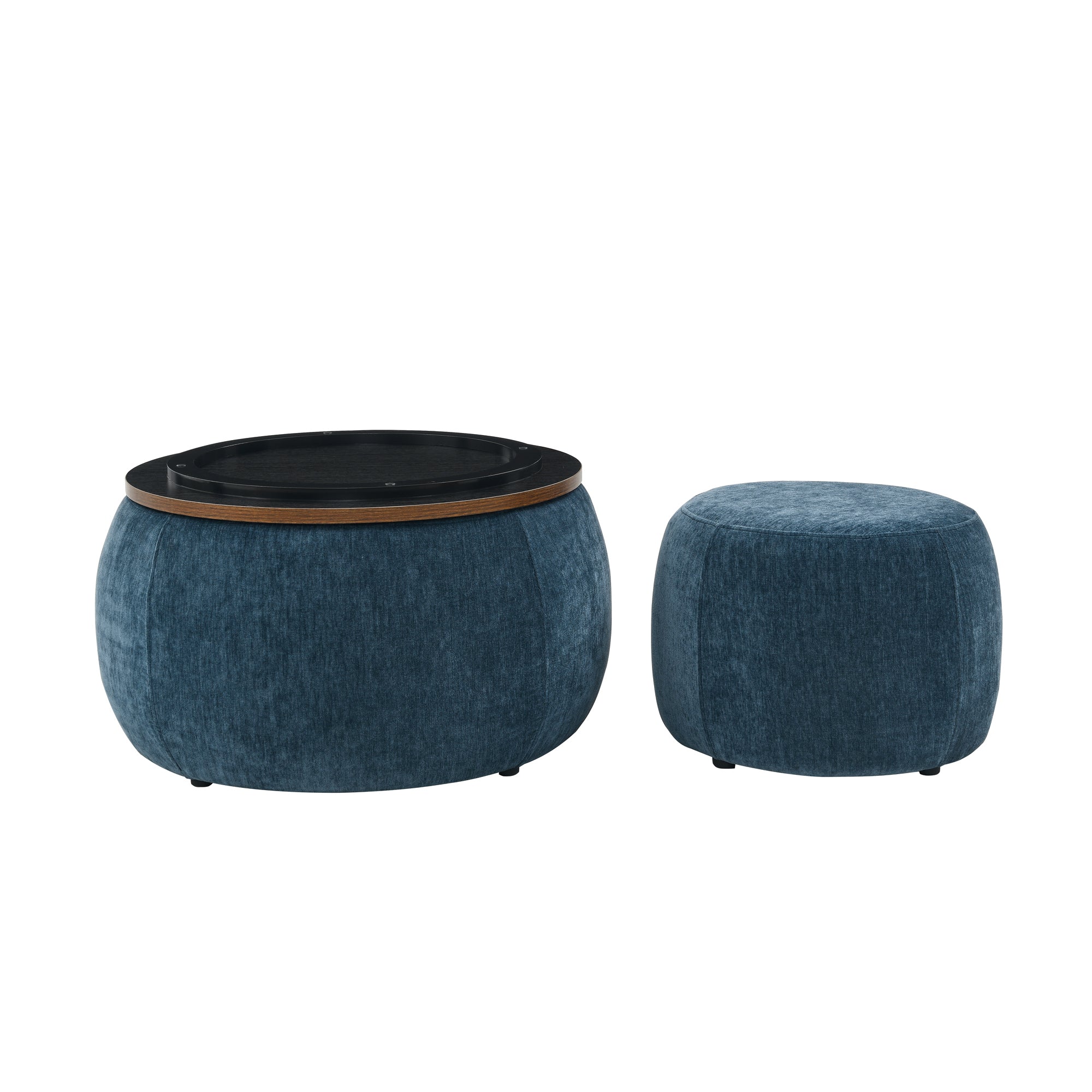 Dark Blue Round Storage Ottoman with 2 in 1 Function as End Table and Ottoman, Eucalyptus Wood and Foam, 25'x25'x14.7' - Grand Goldman Shop