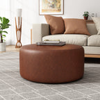 Upholstered Round Ottoman,PU Leather,Brown - Grand Goldman Shop