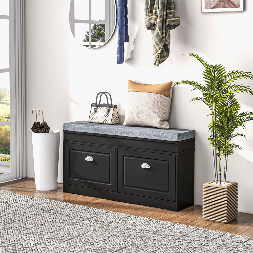 HOMCOM Modern Shoe Rack Bench for Entryway, Storage Organizer with Cushion, 2 Drawers, Adjustable Shelf, Holds 8 Pairs, Black - Grand Goldman Shop