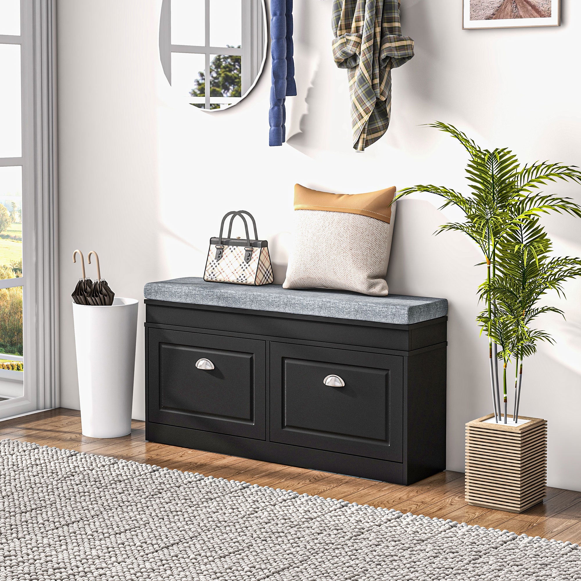 HOMCOM Modern Shoe Rack Bench for Entryway, Storage Organizer with Cushion, 2 Drawers, Adjustable Shelf, Holds 8 Pairs, Black - Grand Goldman Shop