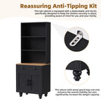 Farmhouse TV Stand with Solid Wood Gourd-Shaped Legs for TVs Up to 70', Entertainment Center with Bookshelves & Tempered Glass Doors, Media Console with Adjustable Shelves, Living Room, Black - Grand Goldman Shop