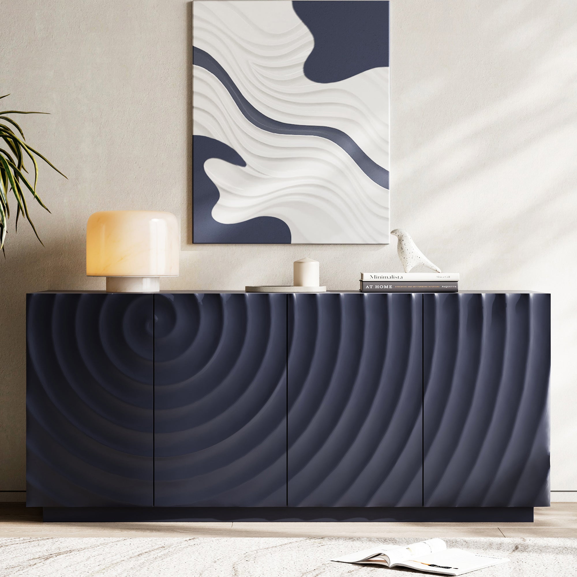 Buffet Cabinet with Storage ,4 Doors Modern Accent Storage Sideboard,Luxurious Floor Cabinet Buffet with Freestanding Anti Dumping for Kitchen, Living Room, 59' Wide Rectangular Sideboard (Navy Blue) - Grand Goldman Shop