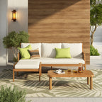 3-teiliges Gartenmöbel-Set aus Akazienholz, Loungemöbel-Set für den Außenbereich aus Polyrattan mit Couchtisch, 4-Sitzer-Sofa mit tiefer Sitzfläche und weichen Kissen für Garten, Terrasse, Teak & Mix Braun & Creme