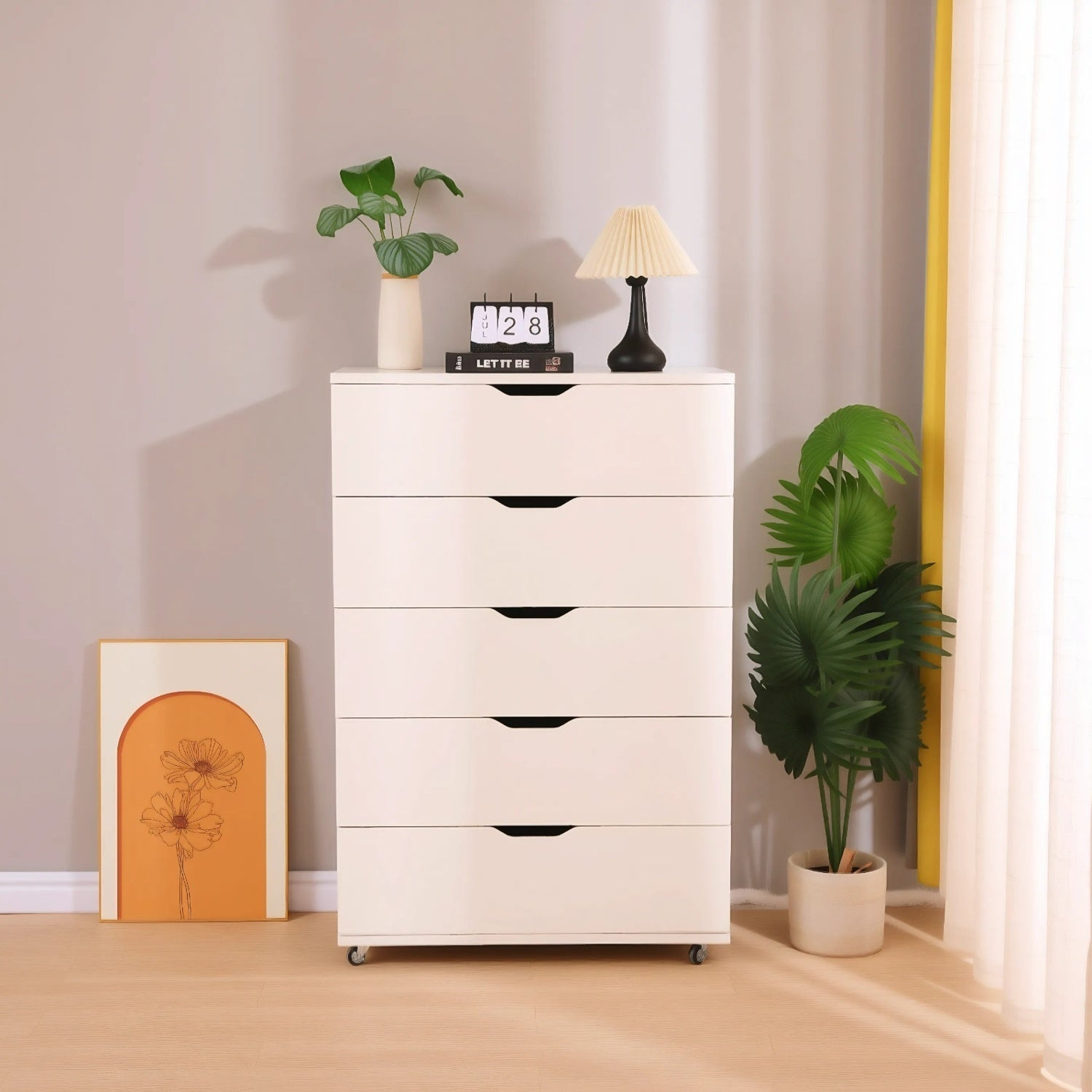 Modern White 5-Drawer Dresser with Wheels – Space-Saving Storage Cabinet with Deep Drawers, Wood Frame, Melamine Finish - Grand Goldman Shop