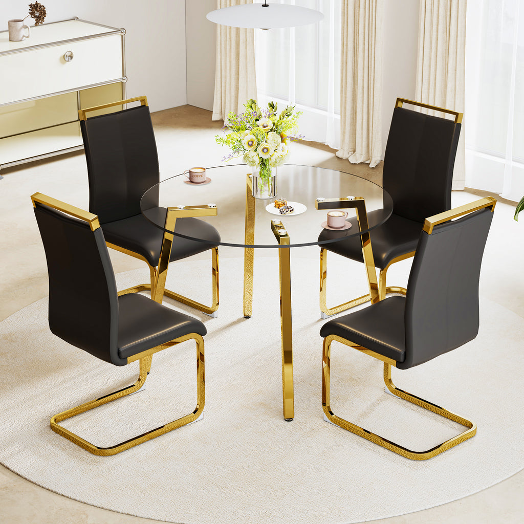 Modern minimalist style circular transparent tempered glass table, tempered glass tabletop, golden metal legs, suitable for kitchen, dining room, and living room, 42 '* 42' * 29.5 '1123r - Grand Goldman Shop