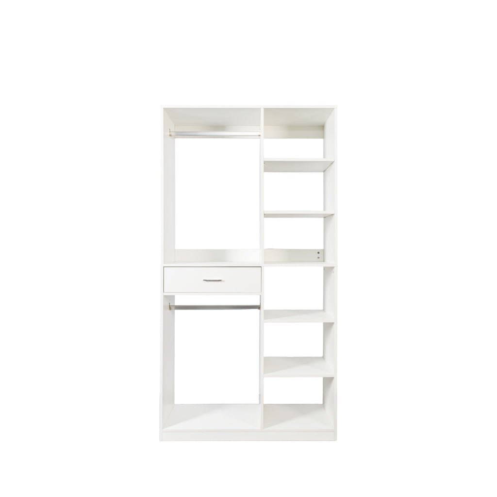 Freestanding Closet System,  Stand-Alone Wardrobe with 6 open Shelves,74.8'' Heigh Closetwith 1 Wood Drawers, Wood Walk-in Closet with 2 Hanging Rod, White - Grand Goldman Shop