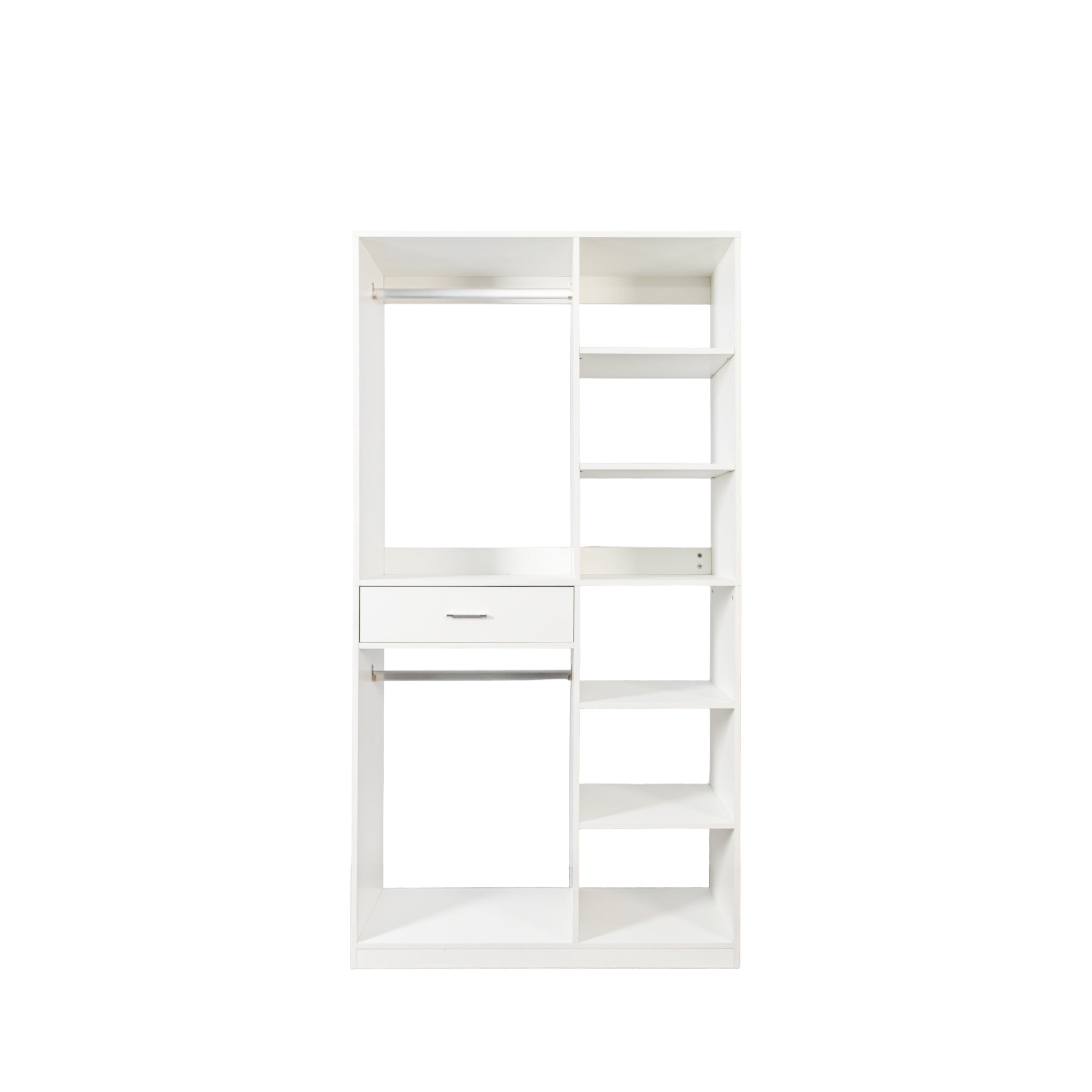 Freestanding Closet System,  Stand-Alone Wardrobe with 6 open Shelves,74.8'' Heigh Closetwith 1 Wood Drawers, Wood Walk-in Closet with 2 Hanging Rod, White - Grand Goldman Shop