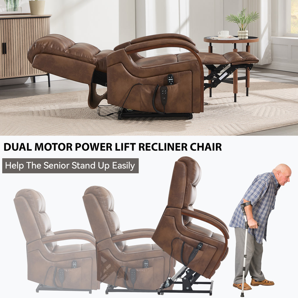 Power Brown Leatheraire Lift Recliner Chair Dual Motor Infinite Position Up to 350 LBS with Solid Wood Armrests, Heat Massage and Heavy Duty Motion Mechanism - Grand Goldman Shop